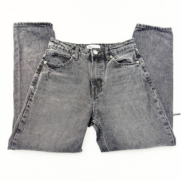 Zara Acid Wash Straight Leg Mom Style Denim Jean Rip Black Charcoal Wash Size 4 - Picture 4 of 8